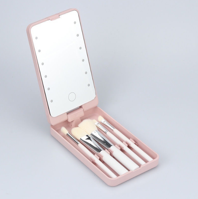 2-Piece Pink Portable LED Makeup Mirror with Brush - Foldable, Rotatable, and Rechargeable Travel Vanity Mirror