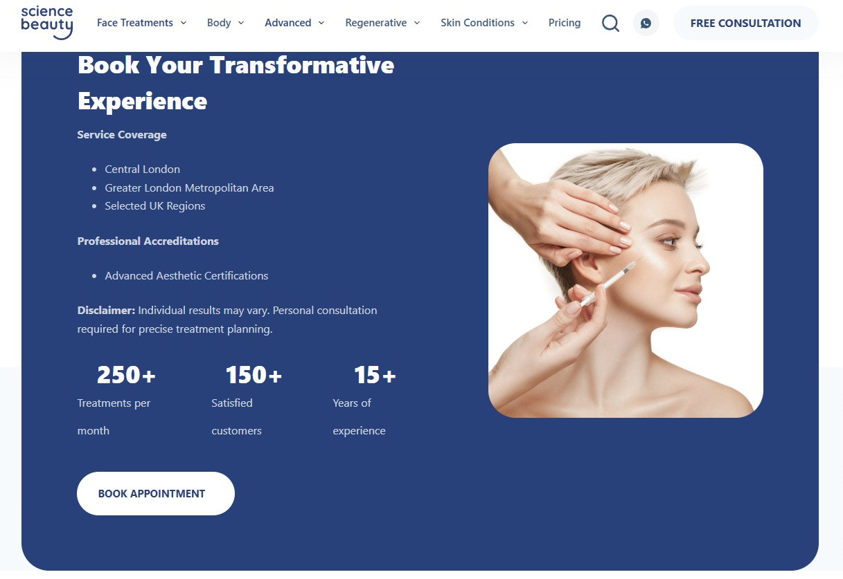 Sciencebeauty consultation injectable treatment. Facial injection during assessment.