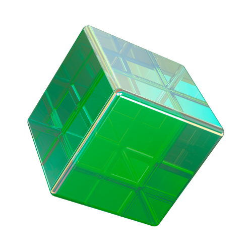 3D illustration of a transparent green cube symbolizing value-driven creativity and modern design