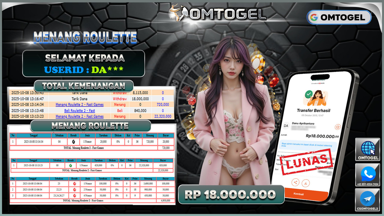 OMTOGEL JACKPOT LIVE GAMES ROULETTE 2 - FAST 18 JUTA DI BAYAR LUNAS ,-