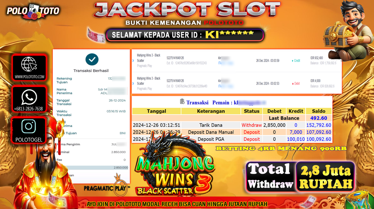 POLOTOTO JACKPOT SLOT MAHJONG WINS BLACK SCATTER 3 Rp.2,850.000,-