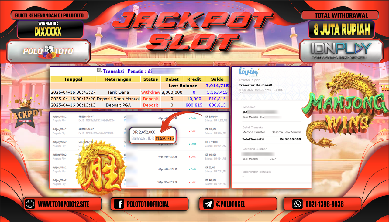 POLOTOTO JACKPOT SLOT MAHJONG WAYS 2 Rp.8.000.000,- LUNAS