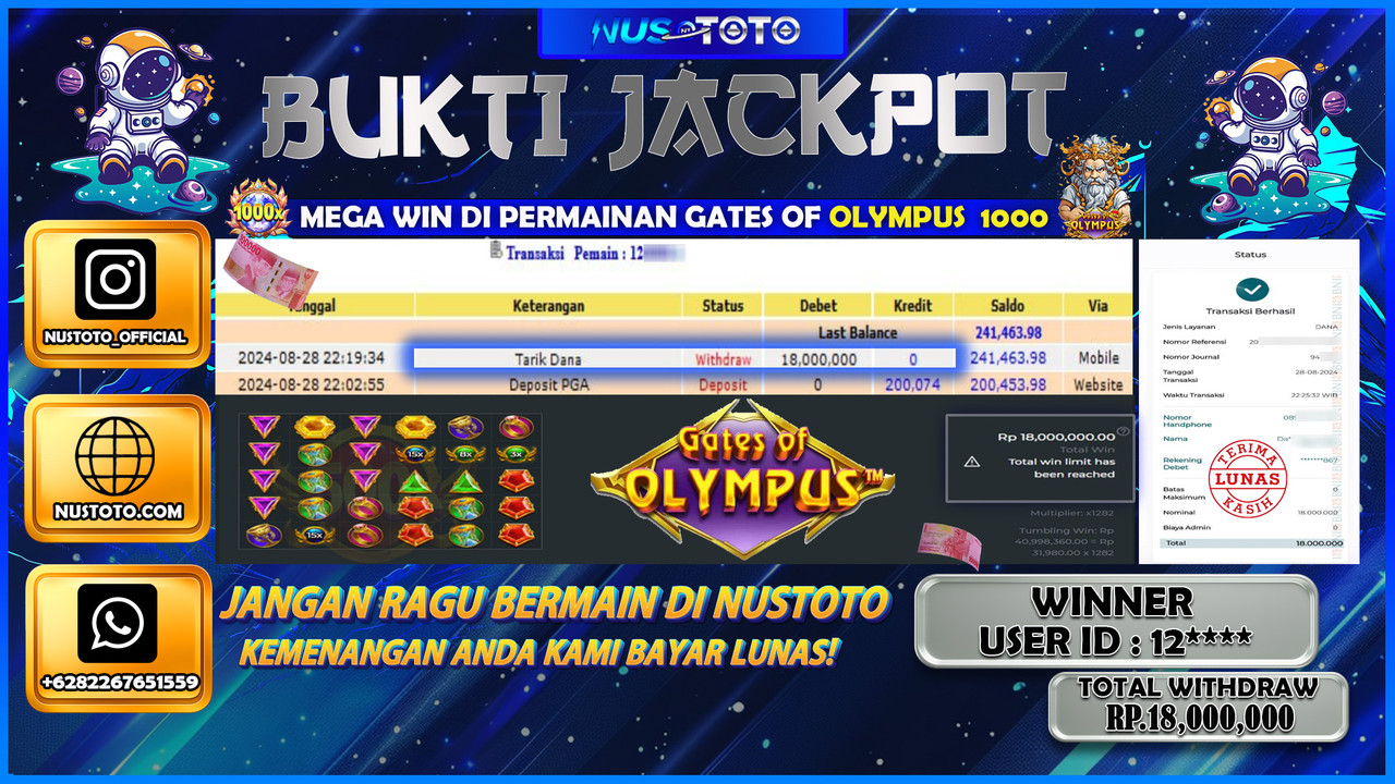 MAXWIN !! MENANG BESAR DI GAME GATES OF OLYMPUS 1000 SENILAI Rp. 18.000.000 LANGSUNG DI BAYAR LUNAS NUSTOTO !!