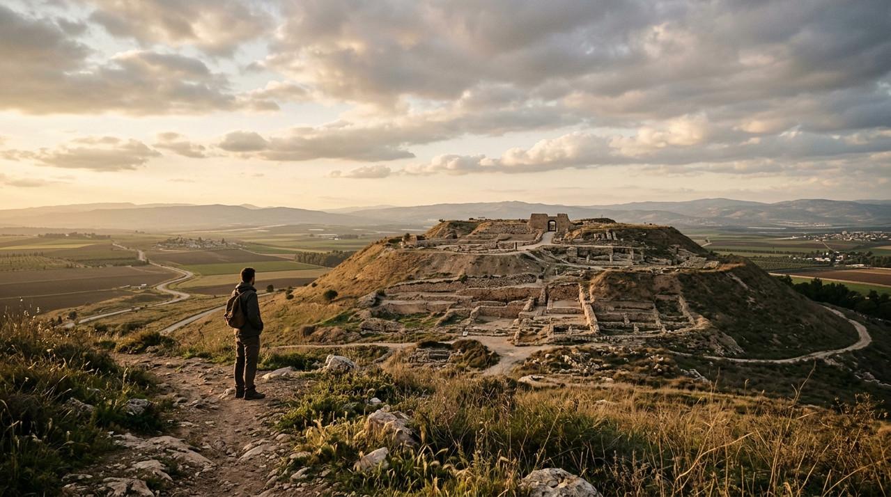 An ancient archaeological hill (Tel Megiddo) rising gently from the vast Jezreel Valley at golden hour, with visible layers of buried civilizations exposed in the earth.