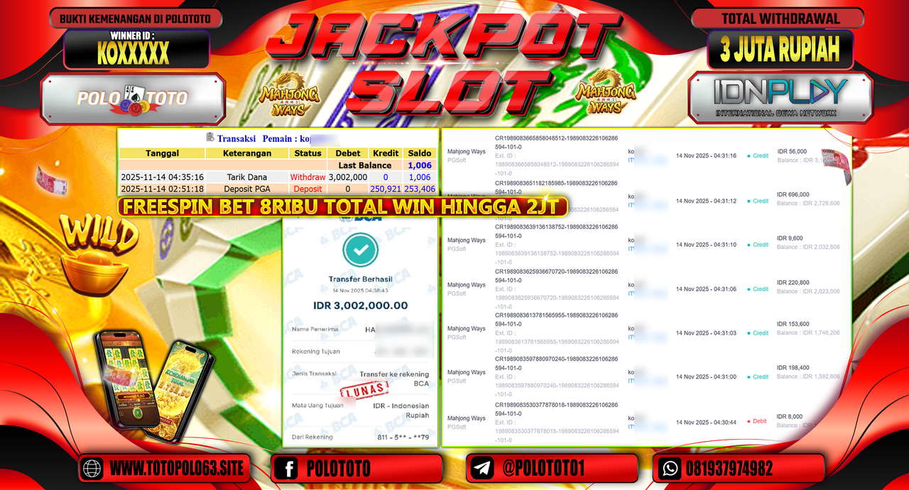 POLOTOTO JACKPOT SLOT MAHJONG WAYS Rp.3.000.000,- LUNAS