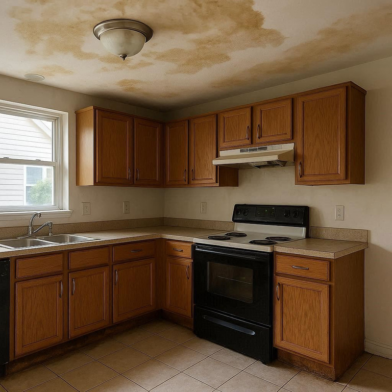 Before photo of a water-damaged kitchen with standing water, a collapsed ceiling, and soaked drywall.