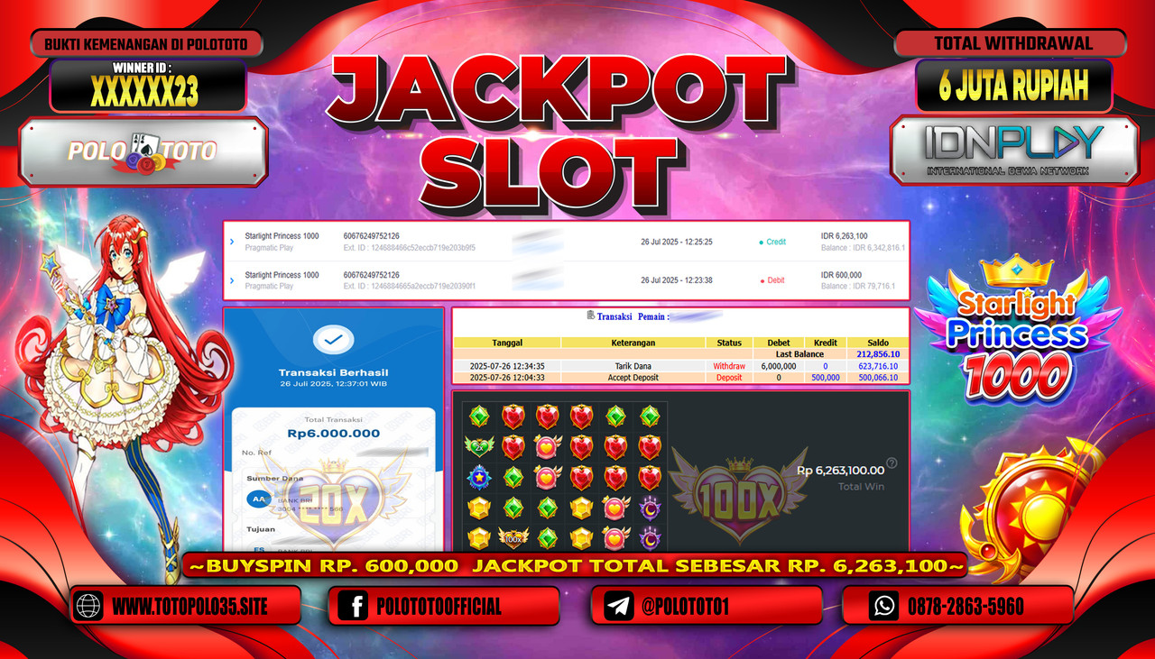 POLOTOTO JACKPOT SLOT STARLIGHT PRINCESS 1000 Rp.6.000.000,-LUNAS