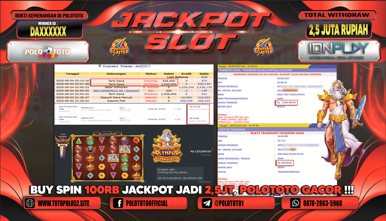 POLOTOTO JACKPOT SLOT GATES OF OLYMPUS SUPER SCATTER Rp.2.525.000,-