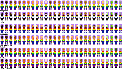 a row of people with pride flag shirts and purple hair