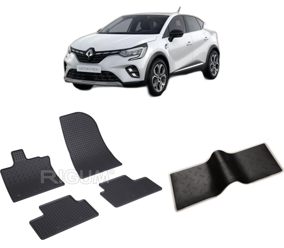 Set covorase auto RENAULT CAPTUR II E-TECH FULL HYBRID din 08.2022-PREZENT, cu covoras tunel median, CAROSERIE SUV, Presuri cauciuc 100%, compatibil cu autoturismul RENAULT CAPTUR II E-TECH FULL HYBRID, Rigum