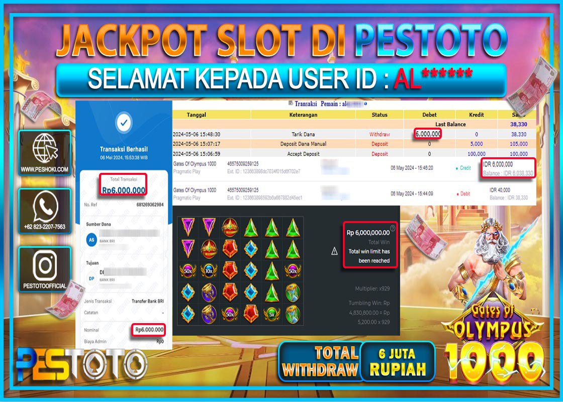 MODAL KECIL DI PESTOTO PASTI JP BAYAR LUNAS DAN CEPAT!!!!!! JP SLOT{ GATES OF OLYMPUS 1000 } Rp.6.000.000 !!!!!