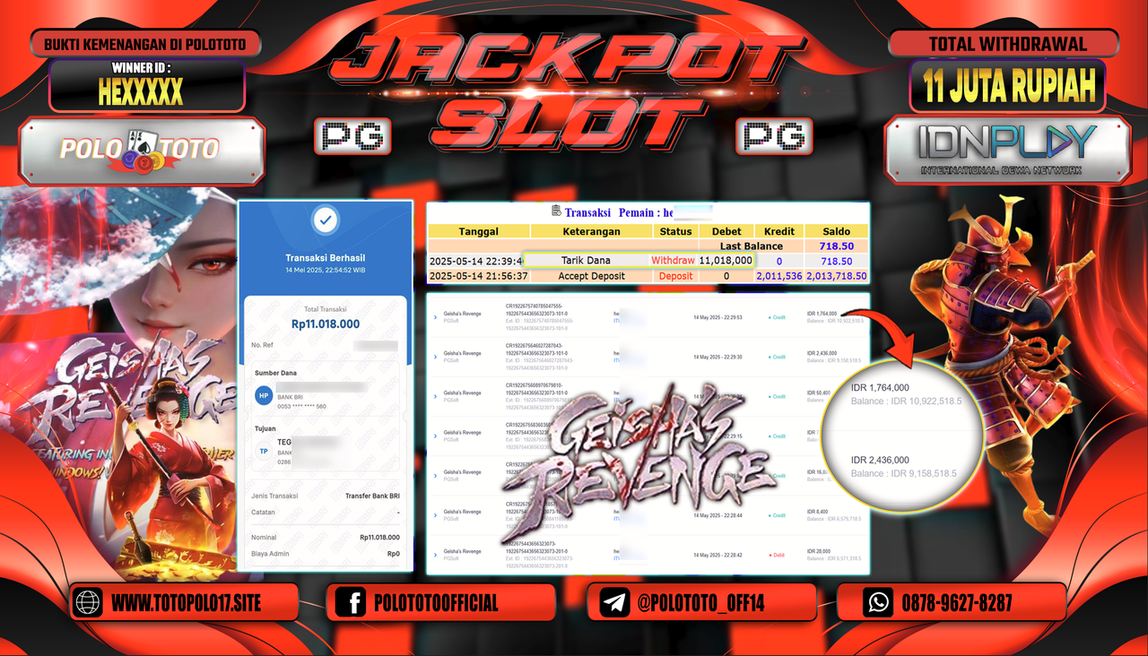 POLOTOTO JACKPOT SLOT GEISHA REVENGE Rp.11.018.000,-