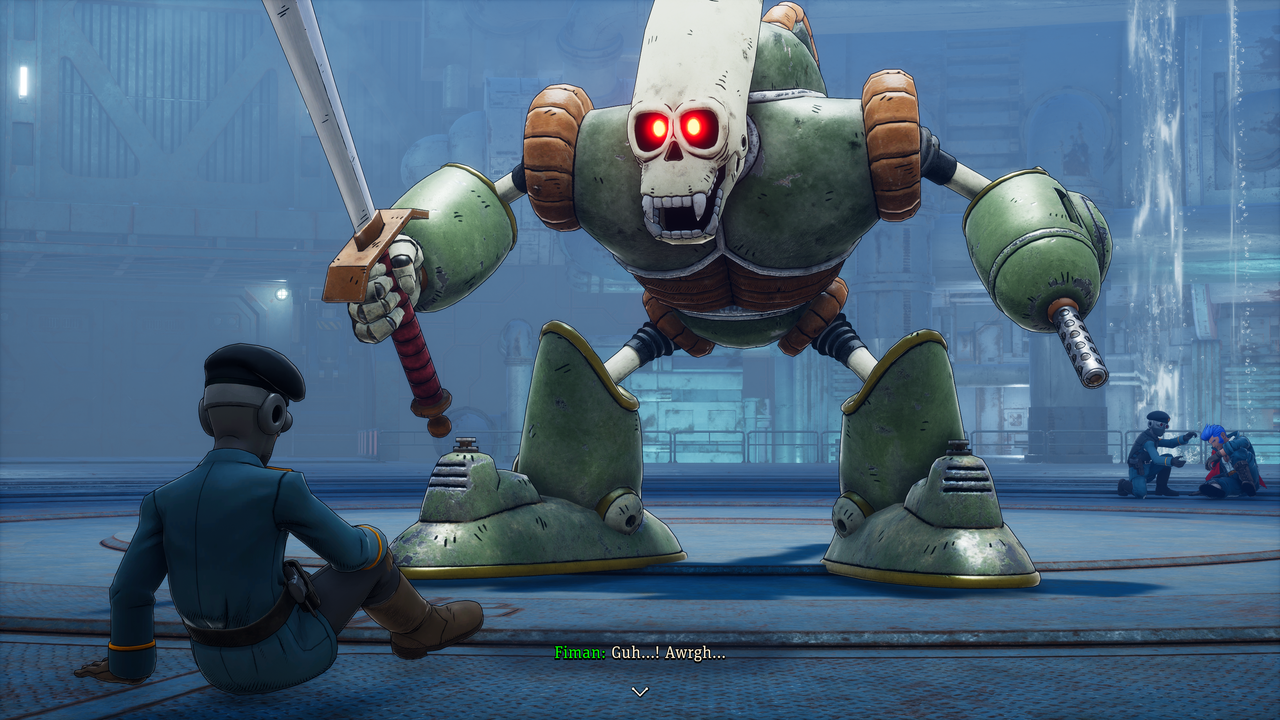 A robotic warrior corners a member of the army.