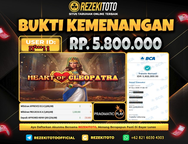 BUKTI KEMENANGAN 27 NOVEMBER 2025 HEART OF CLEOPATRA 5 JUTA 