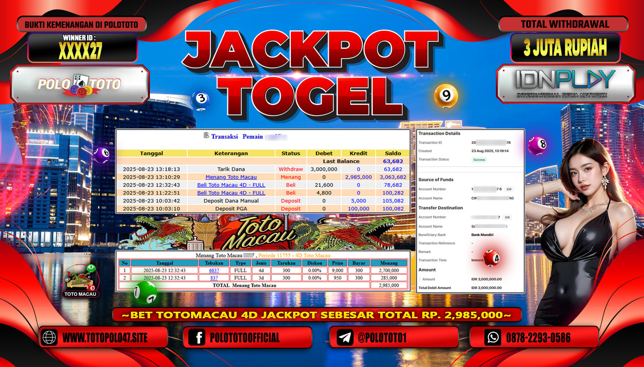 POLOTOTO JACKPOT TOGEL TOTO MACAU Rp.3.000.000,- LUNAS