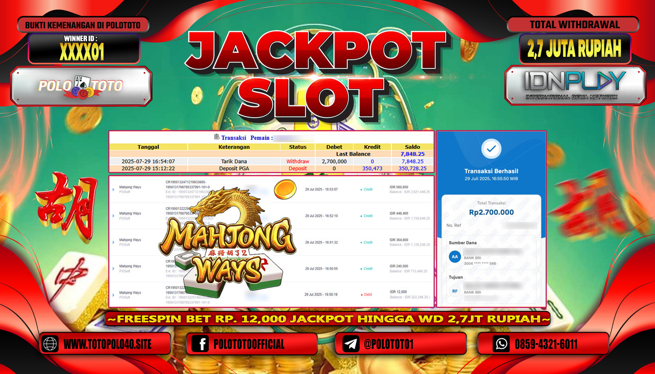 POLOTOTO JACKPOT SLOT MAHJONG WAYS Rp.2.700.000,-LUNAS