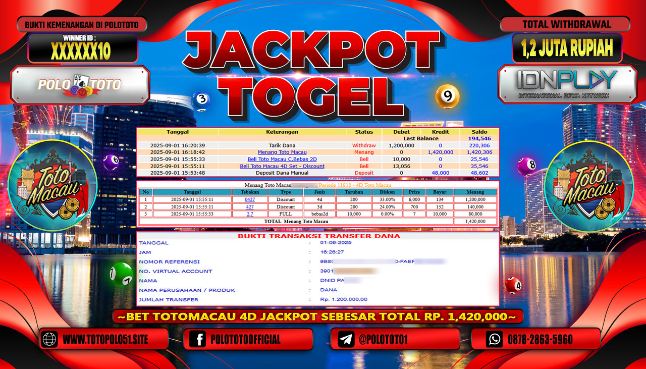 POLOTOTO JACKPOT TOGEL TOTO MACAU Rp.1.200.000,- LUNAS