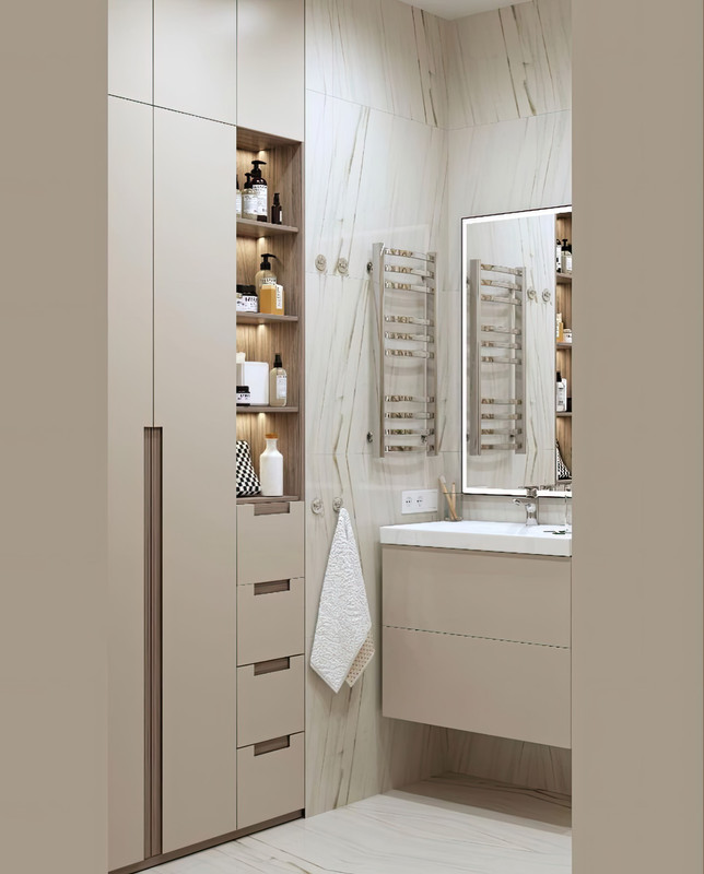 Minimal Bathroom Design With Storage Cabinets