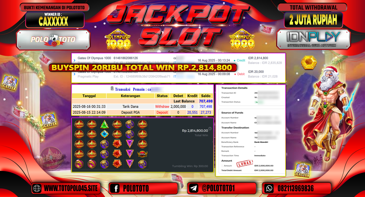 POLOTOTO JACKPOT SLOT GATES OF OLYMPUS 1000 Rp.2.000.000,-