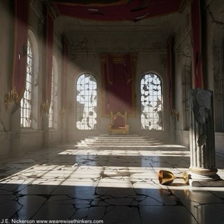A crumbling throne room with broken pillars and fading grandeur, symbolizing the slow deterioration of power and the emotional decline of once-mighty leaders.