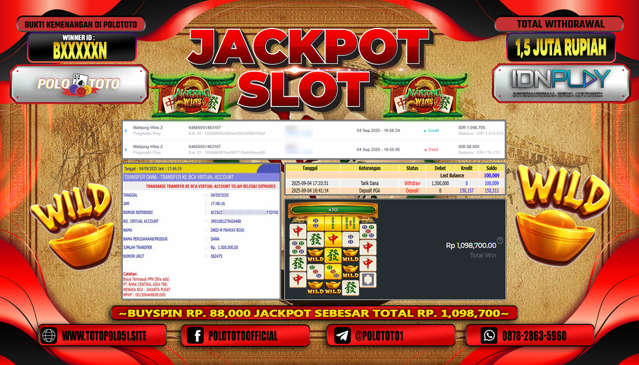 POLOTOTO JACKPOT SLOT MAHJONG WINS 2 Rp.1.500.000,- LUNAS
