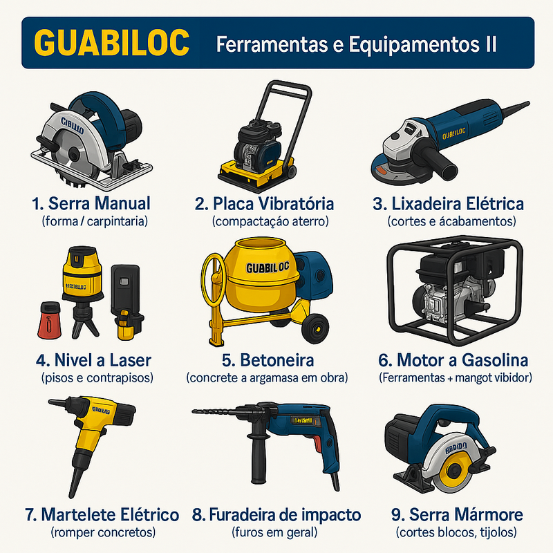 Variedade de equipamentos e ferramentas de construção civil.