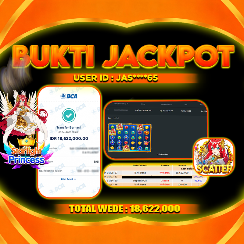 BUKTI JACKPOT 04 DECEMBER LEMBAGATOTO STARLIGHT PRINCESS Rp.18,622,000,- LUNAS