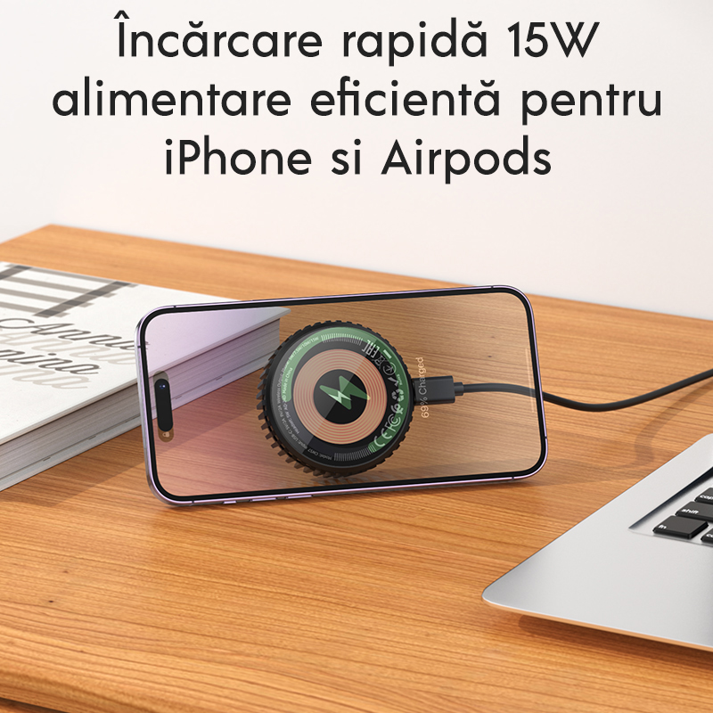 Incarcator Wireless cu ventilator Hoco CW57 pentru telefoane si Apple Airpods, Qi Charging, Incarcare rapida 15W, Negru 6 8g2x 3d