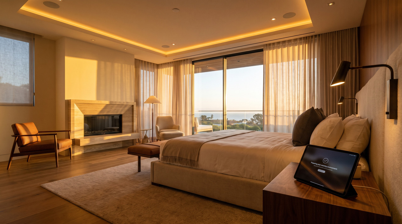 Master bedroom preparing for evening