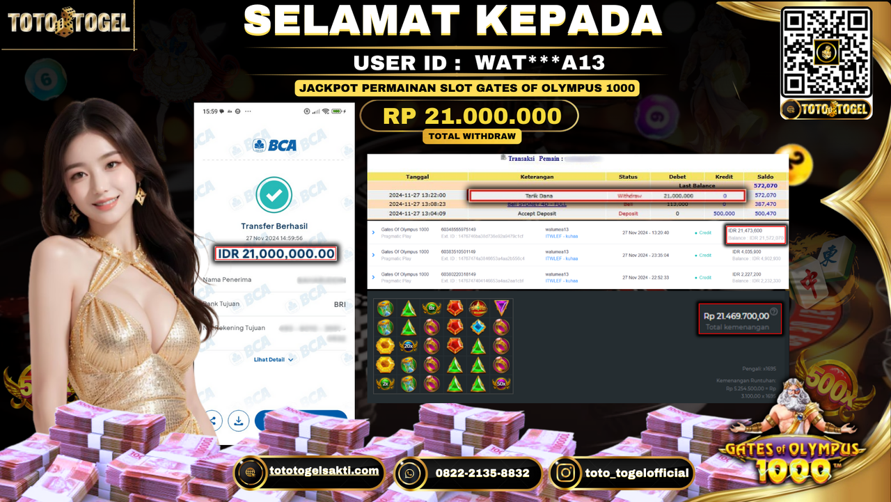 Bukti Pembayaran Jackpot Permainan Slot Gates Of Olympus 1000 ID: WAT***A13 LUNAS 