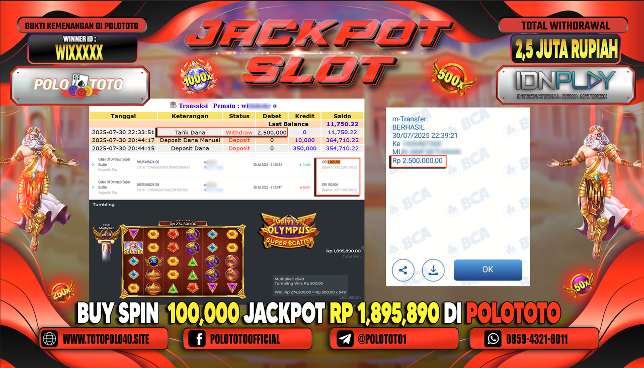 POLOTOTO JACKPOT SLOT GATES OF OLYMPUS SUPER SCATTER Rp.2.500.000,-LUNAS