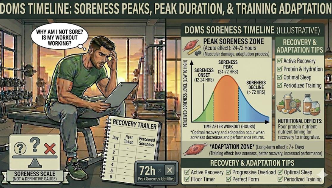 DOMS timeline showing soreness peaks 24-72 hours after workout and repeated bout effect on no soreness after exercise