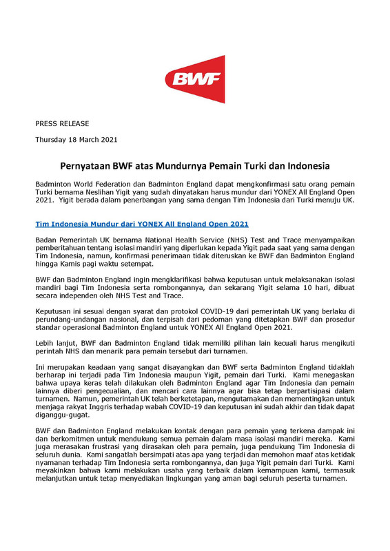 Pernyataan resmi pihak BWF.