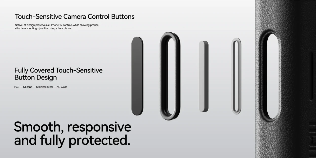 Husa pentru iPhone 17 Pro Max, Aulumu A17 Vegan Leather, Piele texturata, Ultra slim, Compatibila MagSafe, Racire activa CoolHyper, Butoane metalice, Protectie maxima, Alb A17 PU 08