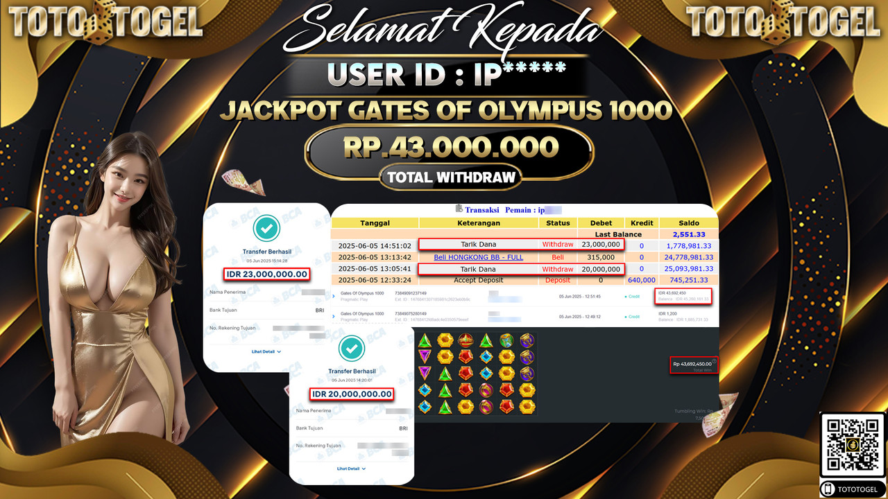 Bukti Pembayaran Jackpot Permainan Slot Gates Of Olympus 1000 ID:IP***** LUNAS
