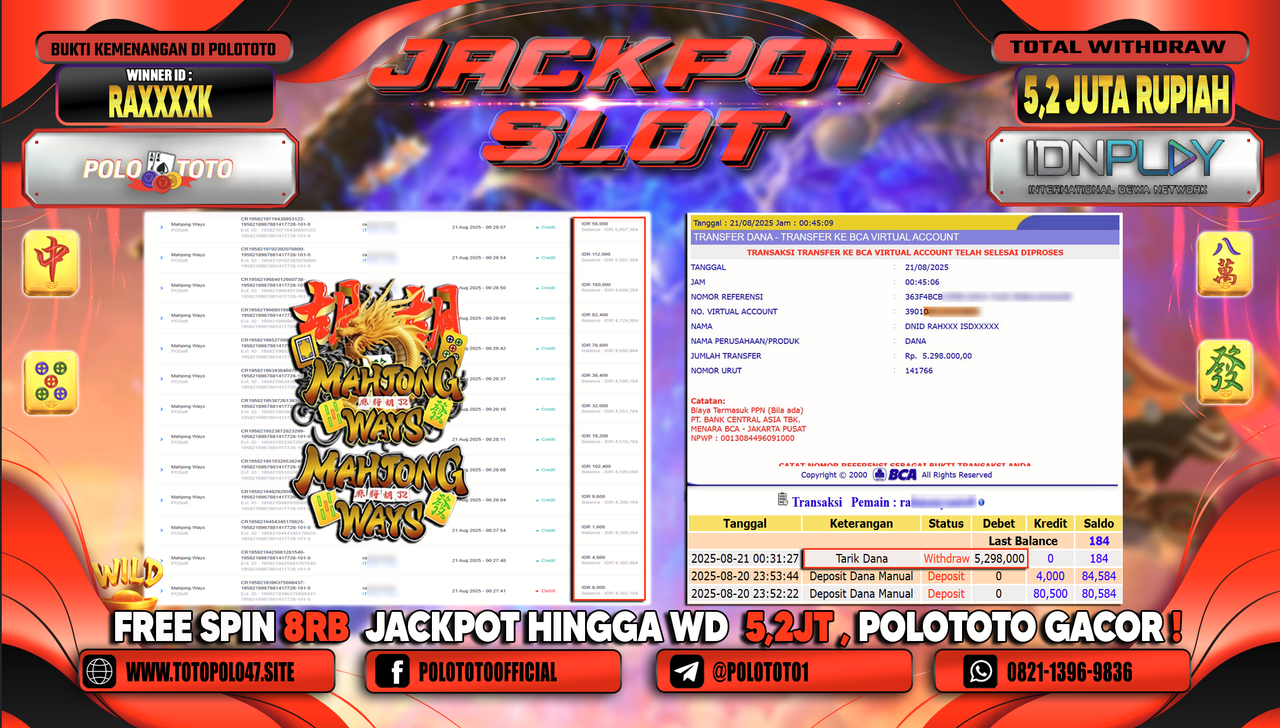 POLOTOTO JACKPOT SLOT MAHJONG WAYS Rp.5.298.000,-
