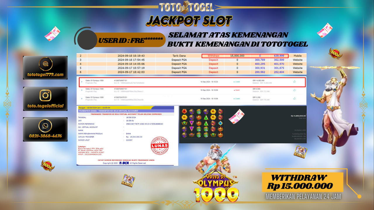 Bukti Kemenangan Permainan Slot Gates Of Olympus 1000 Dengan ID : FRE****** Terbayar Lunas!!