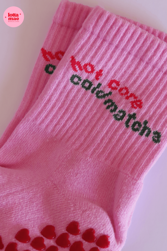 Meet your new studio essential. Our Hot Core, Cold Matcha grip socks are made for the girl who gives her all on the mat and rewards herself with a cold matcha after.
Designed for pilates, yoga & everything in between - with non-slip grip so you can focus on your flow, not your footing.