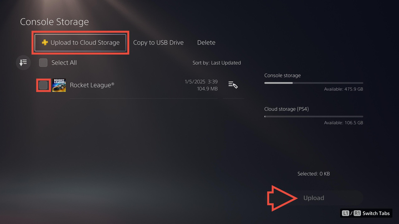 PlayStation Upload to Cloud Storage - Game Selection and Upload