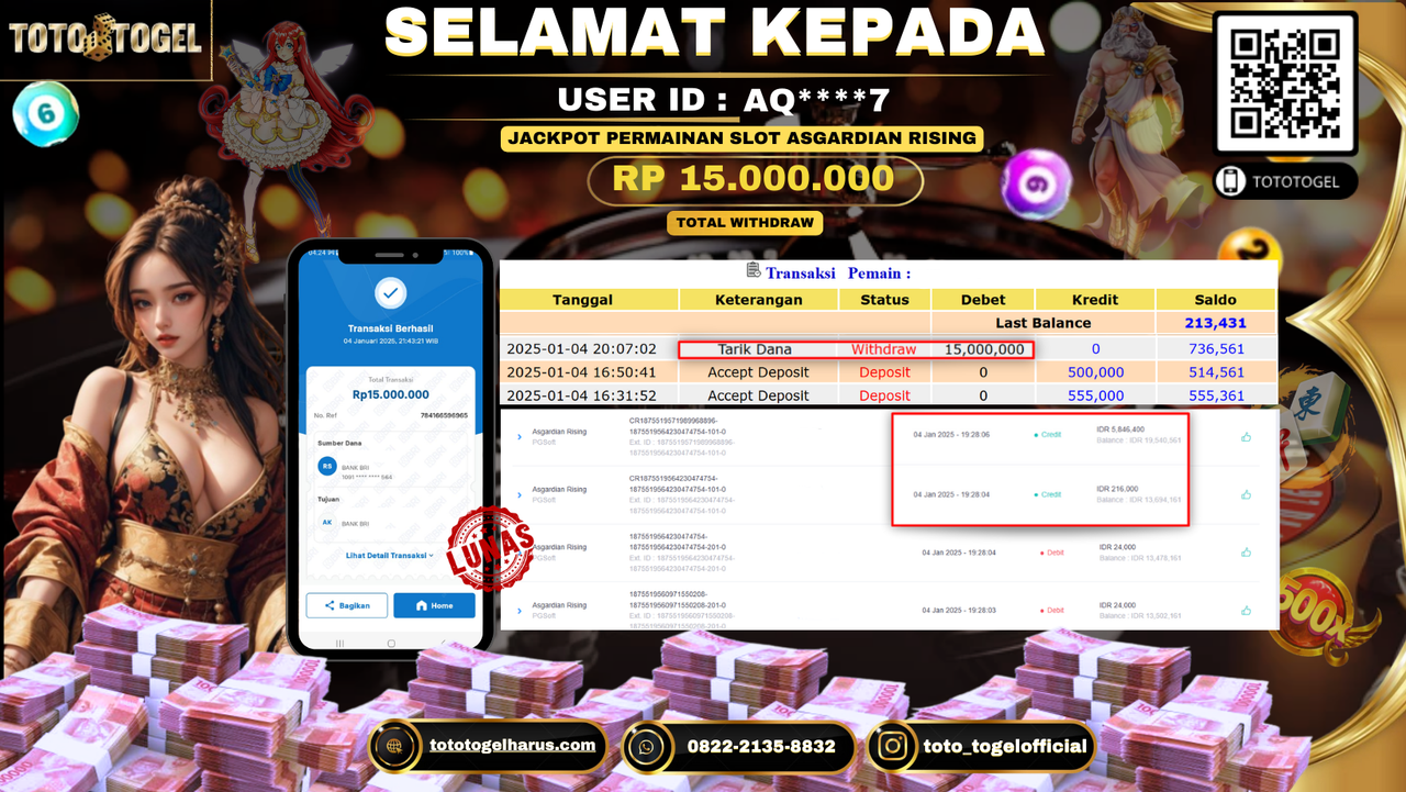 Bukti Pembayaran Jackpot  Permainan Slot Asgardian Rising : AQ****7 LUNAS