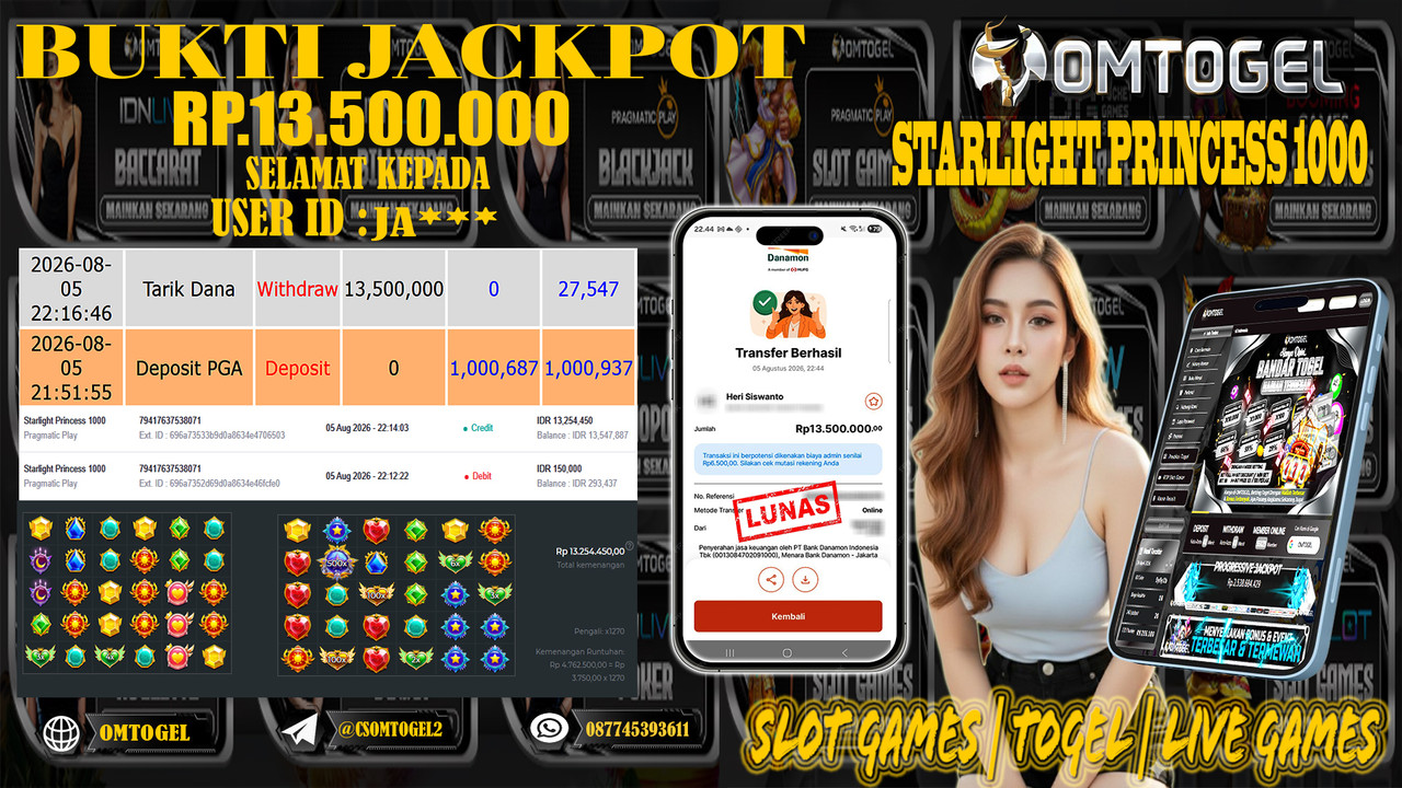 OMTOGEL JACKPOT PRAGMATICPLAY STARLIGHT PRINCESS 1000  Rp,13,500,000,- DIBAYAR LUNAS