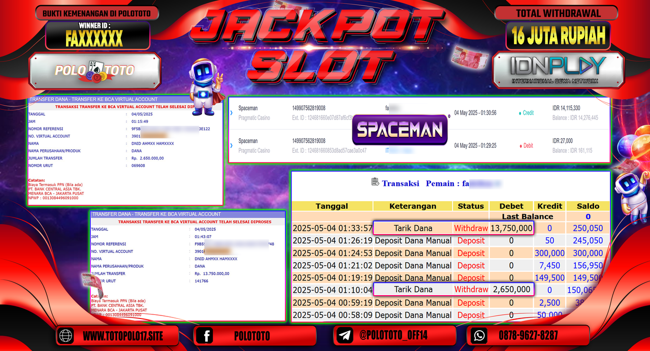 POLOTOTO JACKPOT SLOT SPACEMAN Rp.16.000.000,-
