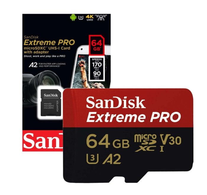 Tarjeta de memoria Micro SDXC Sandisk Extreme PRO de 64 GB.