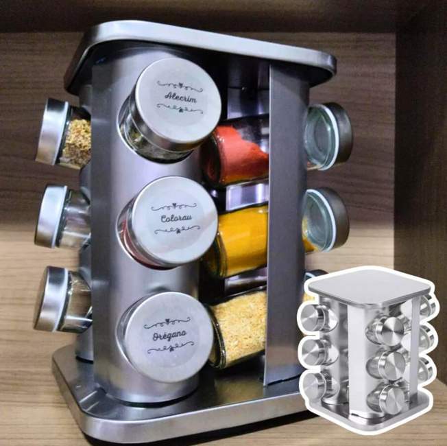 Porta Tempero Condimentos Cozinha Giratório Inox 12 Potes