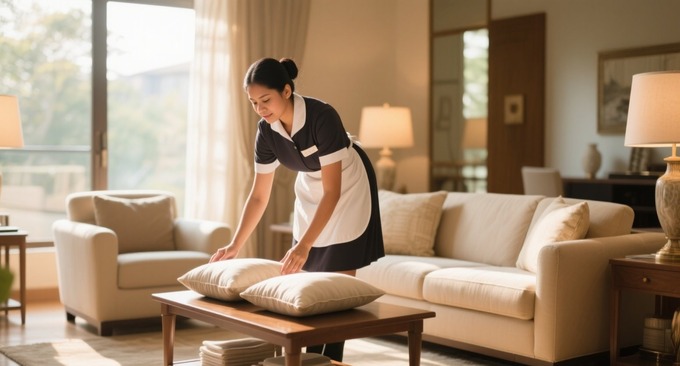 housemaid arranging room