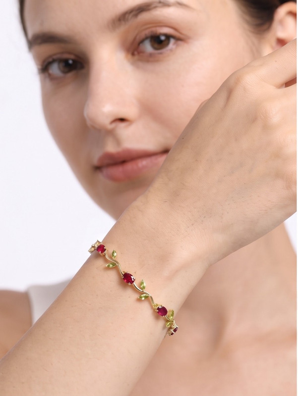 22k Gold Plated Stainless Steel Tulip Bracelet Ruby Green 1