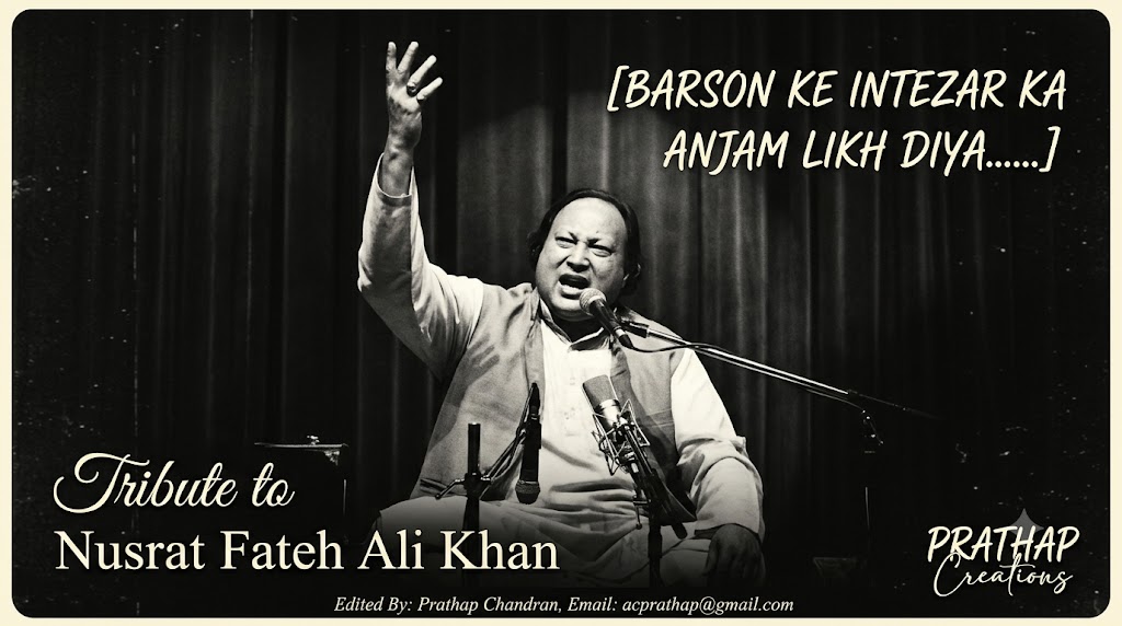 AI-generated example result for the youtube-thumbnail prompt: Nusrat Fateh Ali Khan Tribute Thumbnail – Vintage Concert Poster Design AI YouTube Thumbnail Prompt