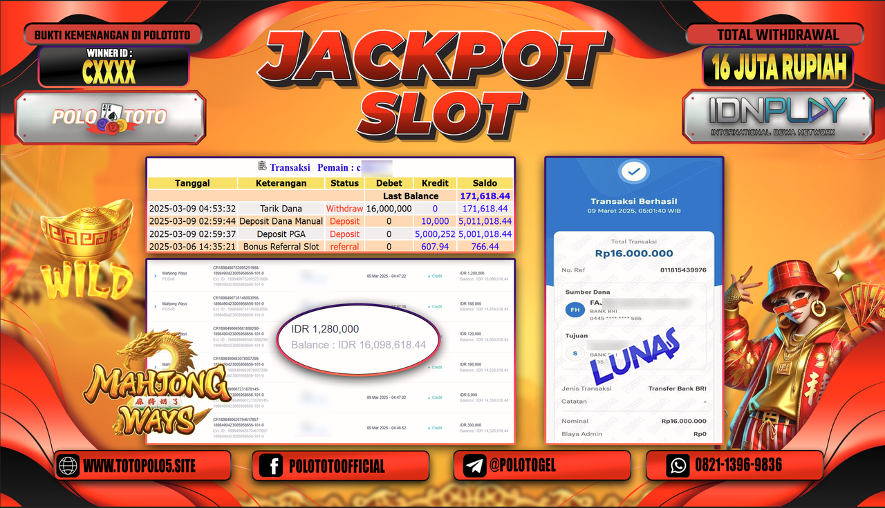 POLOTOTO JACKPOT SLOT MAHJONG WAYS Rp.16.000.000,-