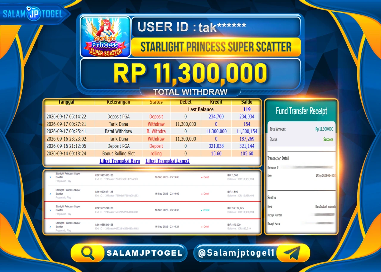 SALAMJPTOGEL JACKPOT MENANG SLOT STARLIGHT PRINCESS SUPER SCATTER Rp.11,300,000 - LUNAS