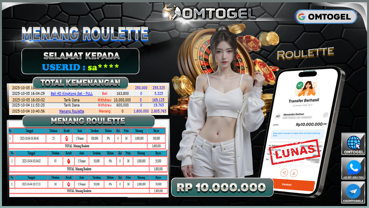 OMTOGEL JACKPOT LIVE GAMES ROULETTE 10 JUTA DI BAYAR LUNAS ,-